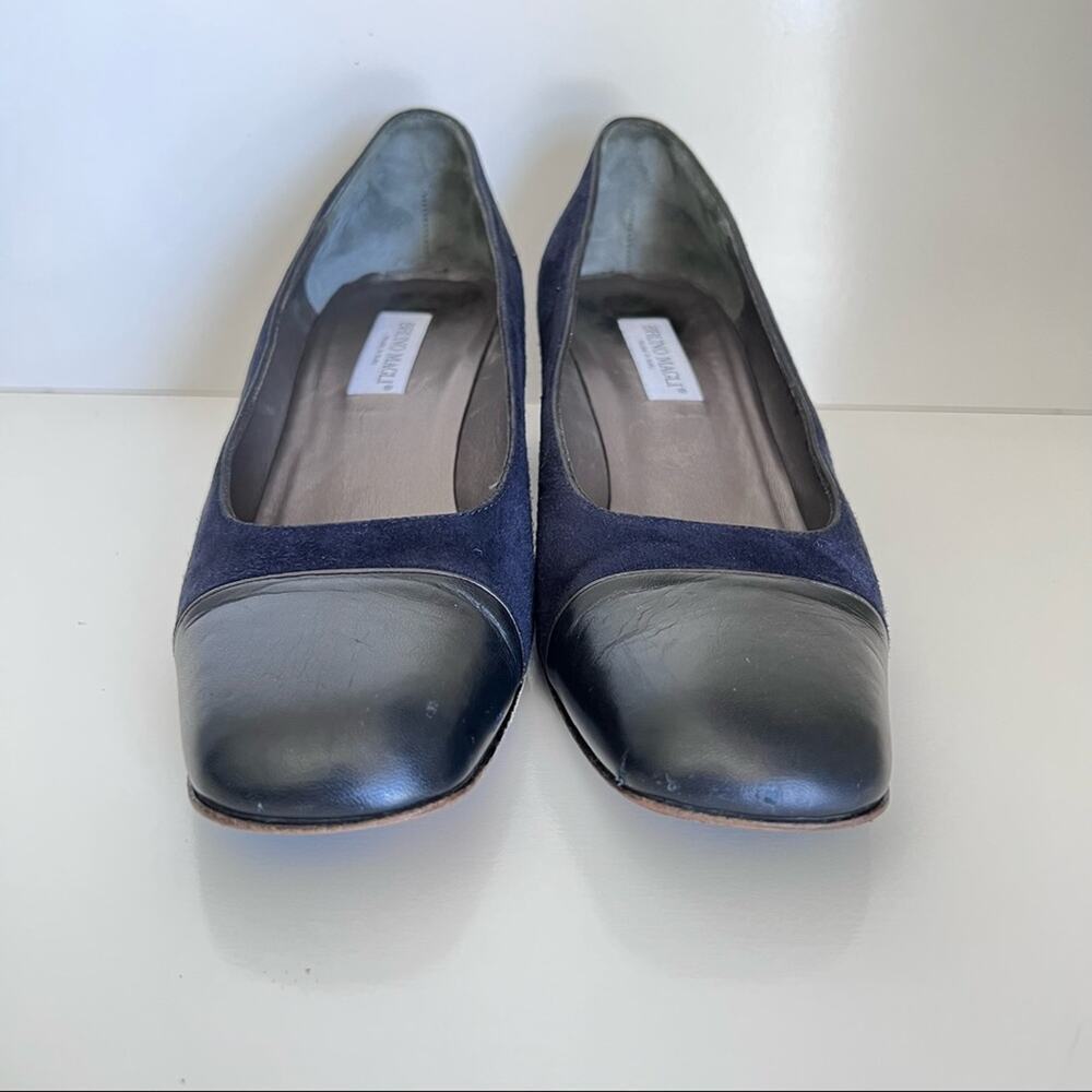 Bruno Magli Classic Suede Block Leather‎ Chunky Navy Heels Pumps - Picture 2 of 12